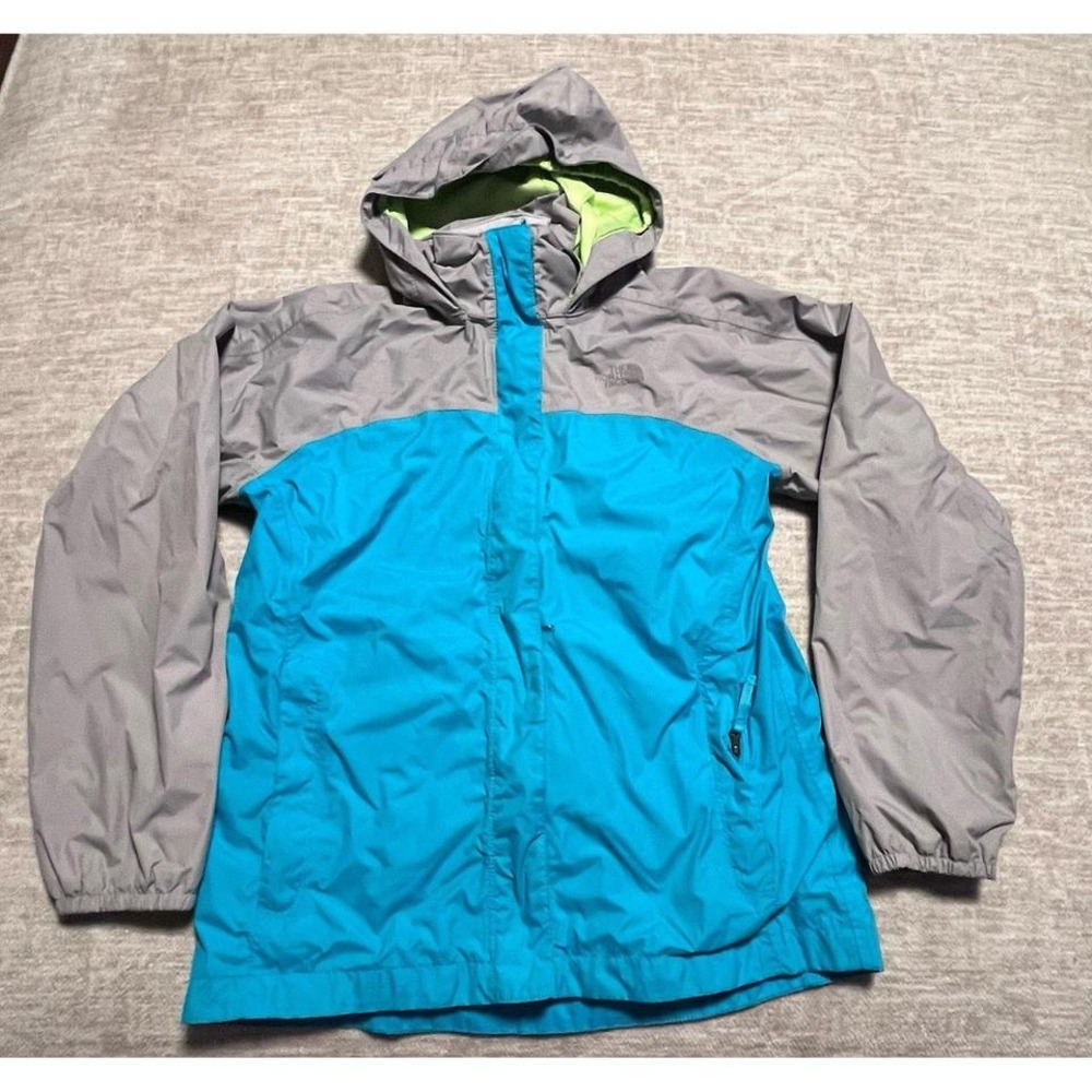 The North Face Girls Jacket Size L 14/16‎ Gray Blue Waterproof Hooded Rain Coat